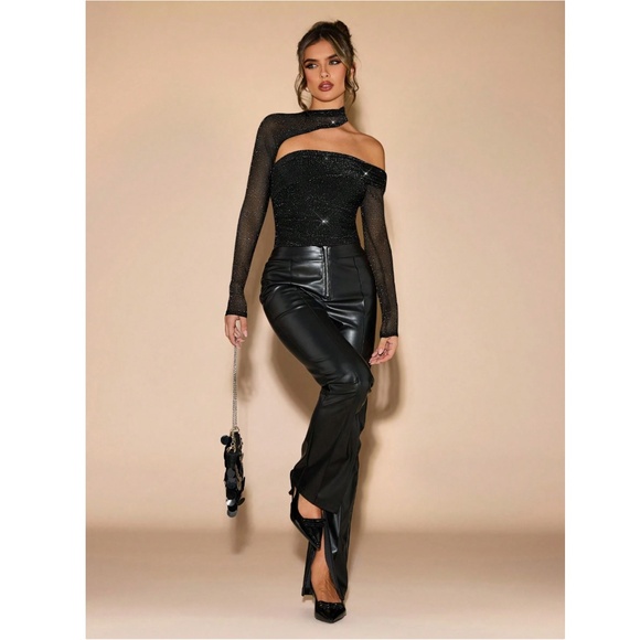 Black Glitter Lurex Asymmetrical Long Sleeve Slim Bodysuit - Picture 5 of 9